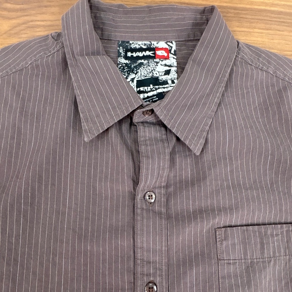 Tony Hawk Mens XL Brown Pinstripe Short Sleeve Cotton Button Up Shirt Skater